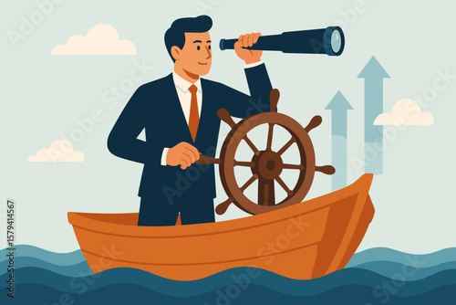Business leadership and visionary concept for company success. Career direction and work achievement. Smart businessman as boat captain controlling the helm for future growth.