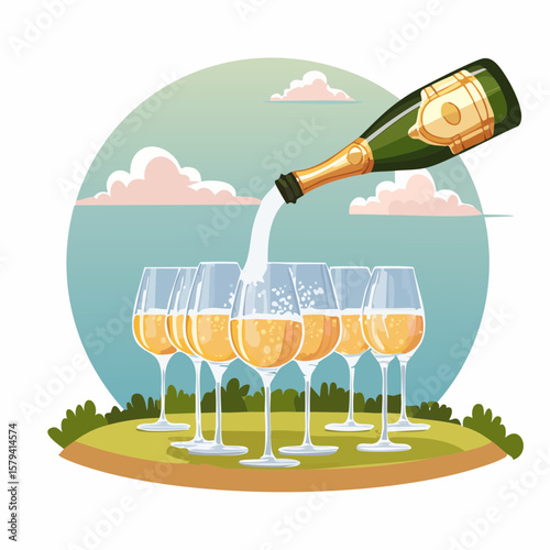 Champagne is being poured into glasses at an outdoor wedding party