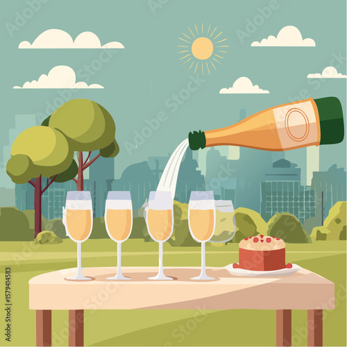 Champagne is being poured into glasses at an outdoor wedding party