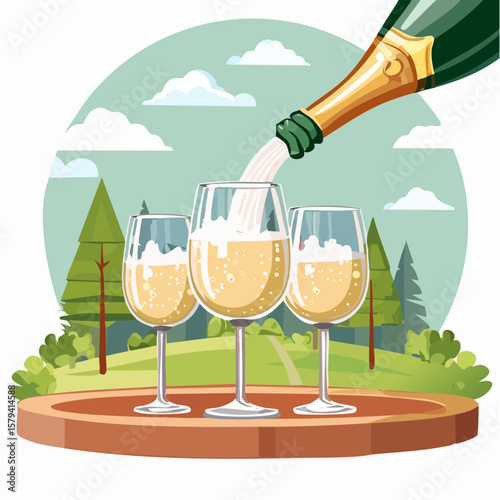 Champagne is being poured into glasses at an outdoor wedding party