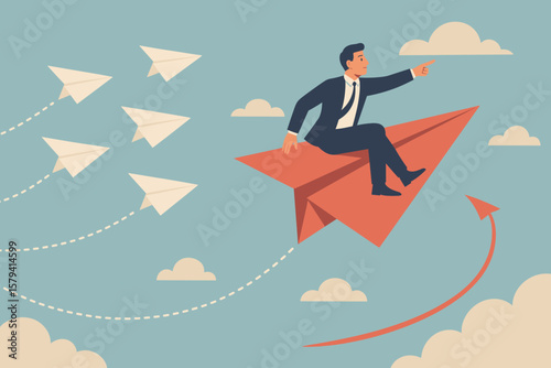 Change career path or different direction. Leadership and individual freedom to choose your own way. Courage to see opportunity. Businessman flying to success on paper plane.