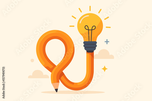 Creative idea and imagination concept. Bending pencil with bright lightbulb. Writing skill, learning, and education. Modern flat vector cartoon illustration for inspiration.