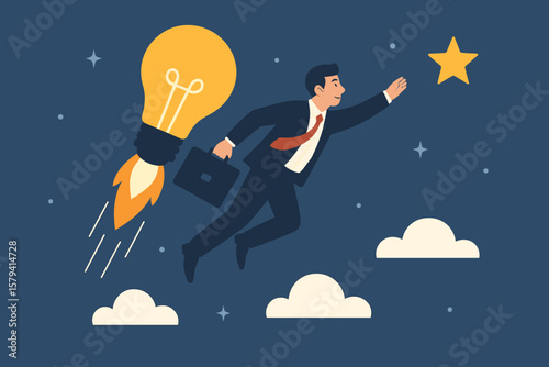 Businessman flying on lightbulb rocket reaching for star. Concept for creativity, innovation, leadership, vision and ambition to achieve business goal, success and solution.