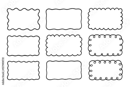 Hand drawn doodle frames set. Wavy, scalloped, and curly border collection for greeting cards, invitations. Simple sketch line art, rectangular border pack. Cute cartoon box.
