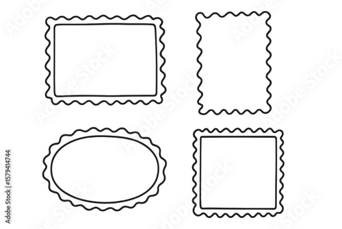 Hand drawn doodle frames set. Wavy border collection. Cute sketch stamp for greeting card, photo, message or quote. Retro label tag vector. Minimalist decorative design element.