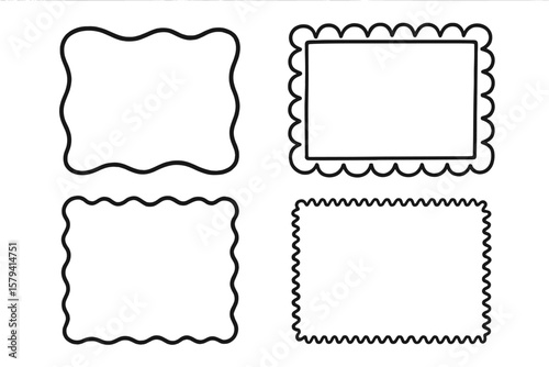 Doodle hand drawn frames set. Wavy, scalloped, and zig-zag border stamp decor. Sketch scribble decoration for greeting cards, labels, tags. Isolated vector illustration.