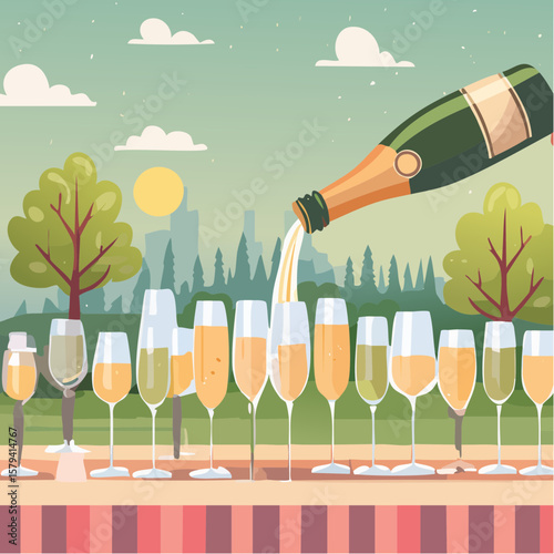 Champagne is being poured into glasses at an outdoor wedding party
