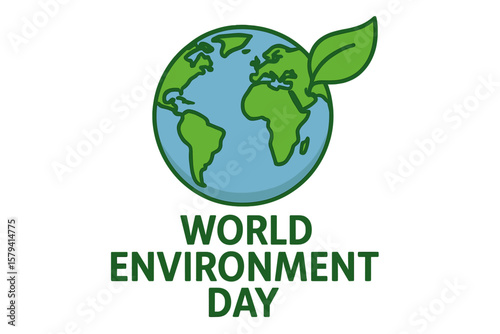 World Environment Day vector illustration. Earth with green leaf icon. Save the planet concept. Ecology, nature conservation, sustainability and global environmental protection.