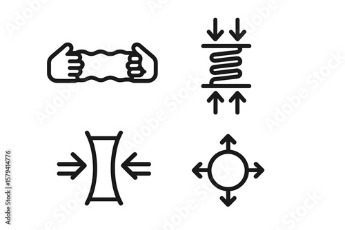 Elasticity and resilience material property icon set. Flexibility, stretching, pressure and compression force symbols. Physics science outline vector illustration for flexible materials.