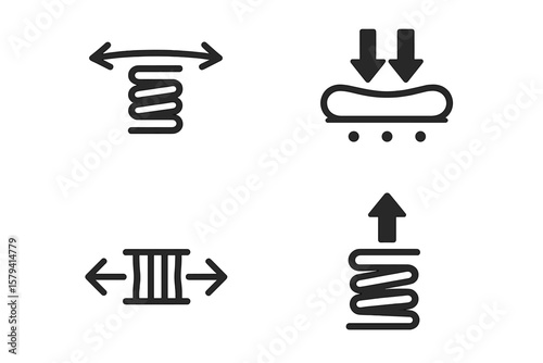 Elasticity, resilience, and flexibility icons. Vector symbols for material properties like stretching, expansion, compression, and pressure. Physics and science concept signs.
