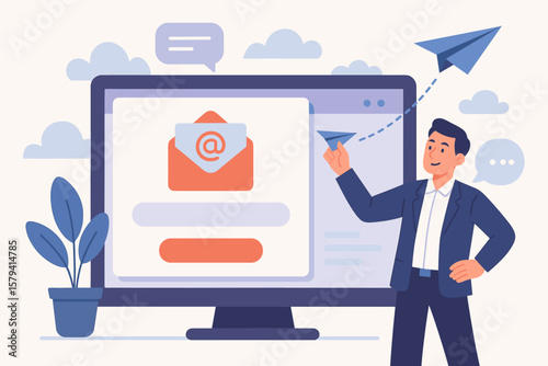 Email marketing campaign concept. Businessman sending newsletter for promotion and product updates. Online communication and digital subscription vector flat illustration.
