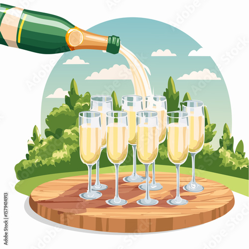 Champagne is being poured into glasses at an outdoor wedding party