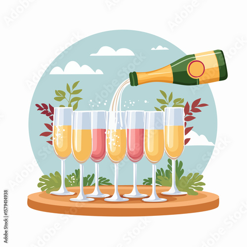 Champagne is being poured into glasses at an outdoor wedding party