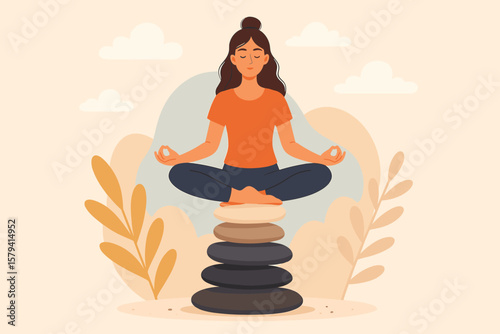 Mindfulness meditation, inner peace, harmony and balance, yoga wellness, calm woman in lotus pose, zen relaxation, spiritual therapy, focus, concentration, mental health