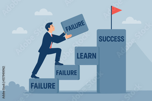 Businessman Climbing Stairs of Failure to Success, Learning from Mistakes, Overcoming Challenges, Ambition, Motivation, Never Give Up, Achieve Goals, Growth Mindset Concept