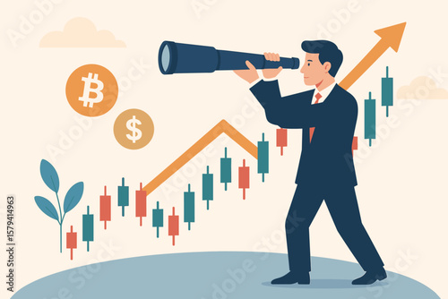 Businessman Forecasting Investment Opportunities with Spyglass, Predicting Future Profits in Stock and Cryptocurrency Trading, Financial Growth, Market Analysis Concept