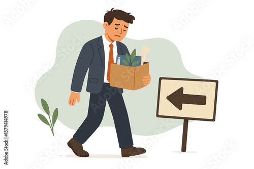 Fired employee leaving office, dismissed worker carrying personal belongings box, job loss, unemployment, layoff, termination, business career crisis, corporate downsizing concept