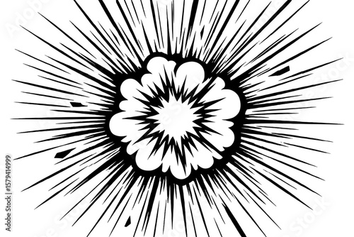Dynamic comic explosion burst, explosive force, concentrated speed lines, starburst action, manga fight scene, motion effect, dramatic impact, black and white vector