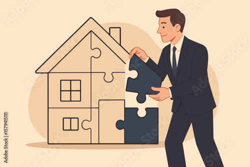 Real estate investment strategy, mortgage loan planning, home buying, renovation, property maintenance, insurance, businessman assembling house puzzle, financial decision concept