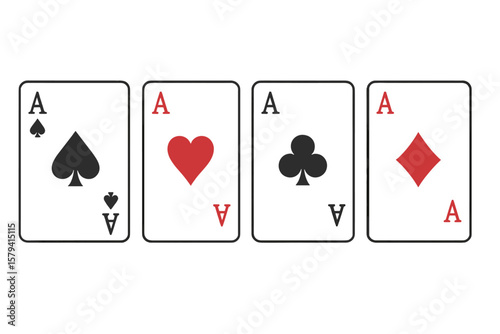 Four Aces Playing Cards Vector Set. Poker Card Suits Icon Collection. Spades, Hearts, Clubs, Diamonds. Casino Game Symbol. Gambling, Luck, Success Concept. Isolated Transparent Background Illustration
