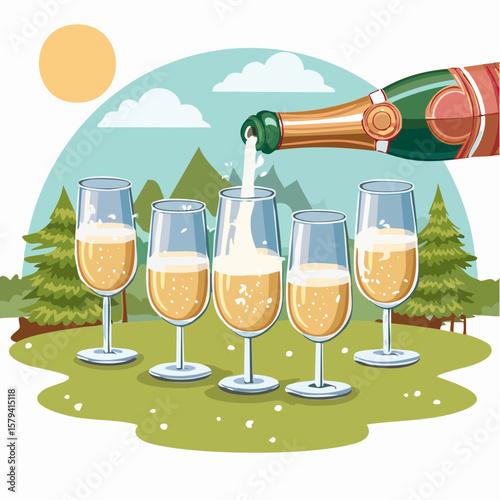 Champagne is being poured into glasses at an outdoor wedding party