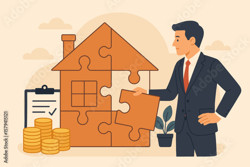 Real estate investment planning concept with businessman assembling house puzzle, mortgage loan, property purchase, housing expense, financial checklist, coins, renovation, insurance