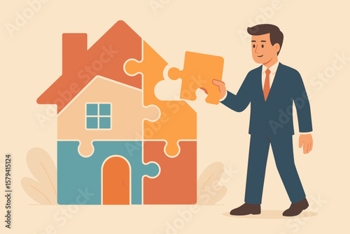 Real estate investment planning, mortgage loan approval, property purchase, home renovation, housing expense, maintenance, insurance concept, businessman assembling house puzzle