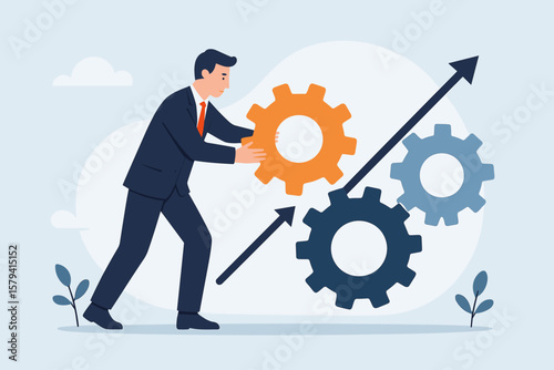 Business process improvement and productivity optimization concept, businessman adjusting gears to increase efficiency, project development, workflow progress, performance growth