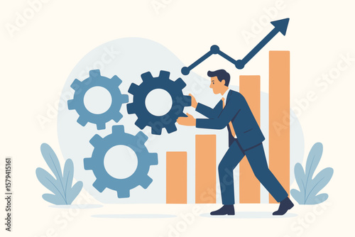 Business process improvement, efficiency optimization, productivity boost, project development, performance increase, businessman adjusting gears, growth chart, teamwork concept