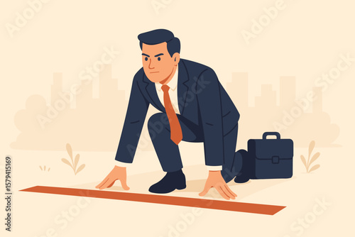 Confident businessman in suit at starting line ready for new job, business challenge, career opportunity, motivation, preparation, ambition, leadership, success concept