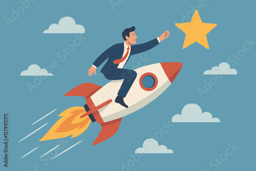 Ambitious businessman riding rocket reaching for star. Success, achievement, leadership, business growth, career goal, ambition, motivation, opportunity, innovation concept