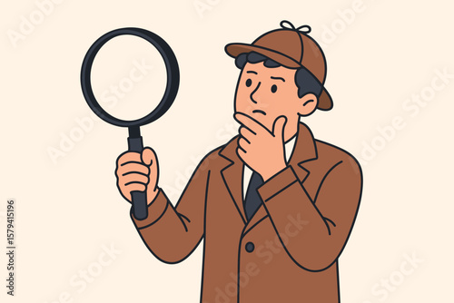 Detective character searching for clues, analyzing evidence, investigating mysteries, research expert with magnifying glass, curiosity, insight, problem solving concept illustration