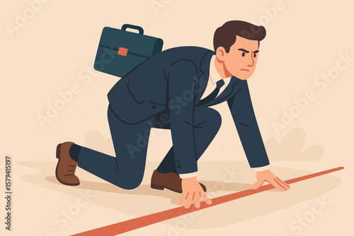 Motivated businessman in suit ready to start new job or business, crouched at starting line with briefcase, career preparation, focus, ambition, determination, workplace success concept