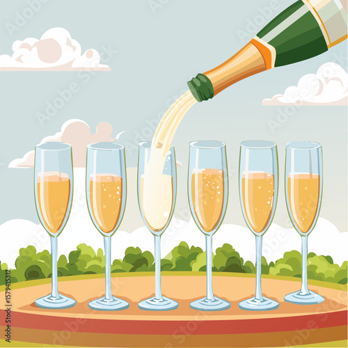 Champagne is being poured into glasses at an outdoor wedding party