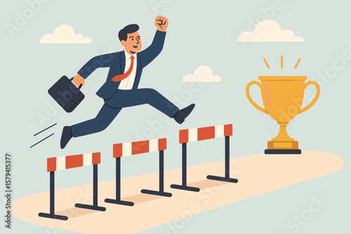 Confident businessman leader jumping over hurdles to achieve success, overcoming business obstacles, motivation, competition, problem solving, leadership, company achievement, trophy