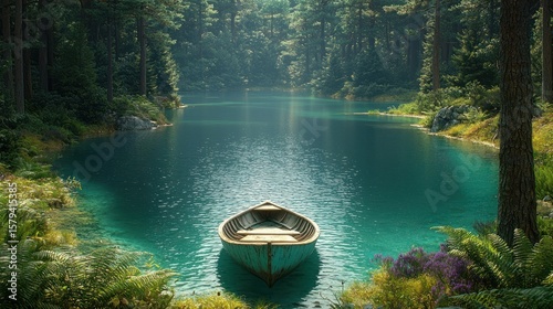 Serene Lake Boat in a Lush Forest