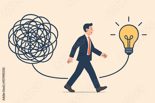 Businessman walking from chaos to clarity, finding solution, simplifying problem, creative thinking process, innovation concept, idea light bulb, problem solving, success strategy