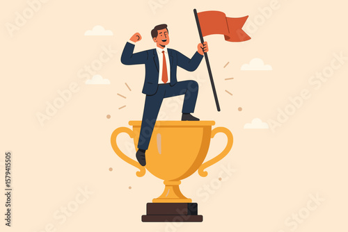 Business achievement and leadership success concept. Cheerful businessman in suit standing on golden trophy holding flag. Career triumph, victory, award, accomplishment, winner.