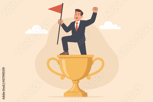 Businessman celebrating leadership success standing on golden trophy cup, holding red flag, symbolizing victory, achievement, career accomplishment, motivation, and award recognition