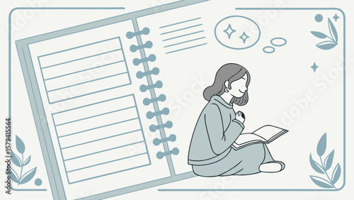 Illustration of a woman reading a book next to an open notebook with leaves and a border design around it
