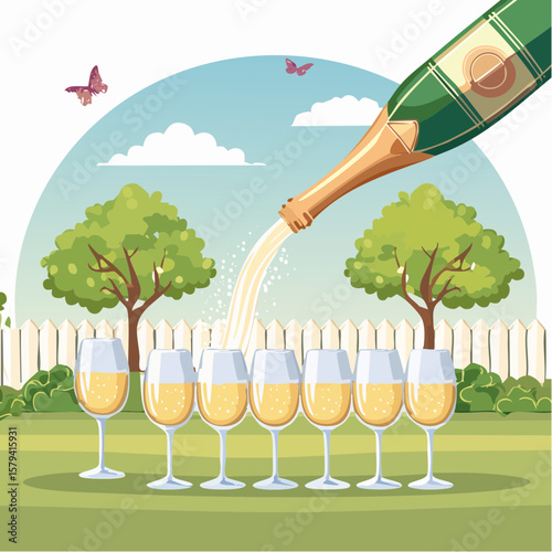 Champagne is being poured into glasses at an outdoor wedding party