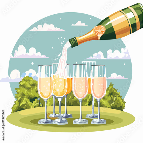 Champagne is being poured into glasses at an outdoor wedding party