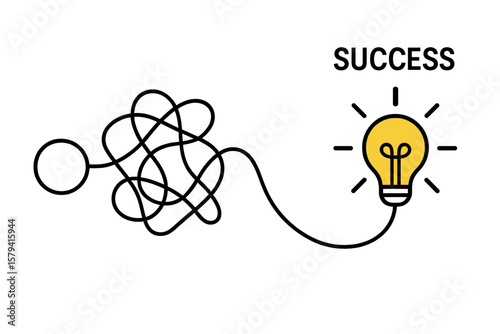 Complex path to success concept. Tangled line leading to bright lightbulb idea. Problem solving, creative brainstorming, finding solution, achieving goals, innovation metaphor