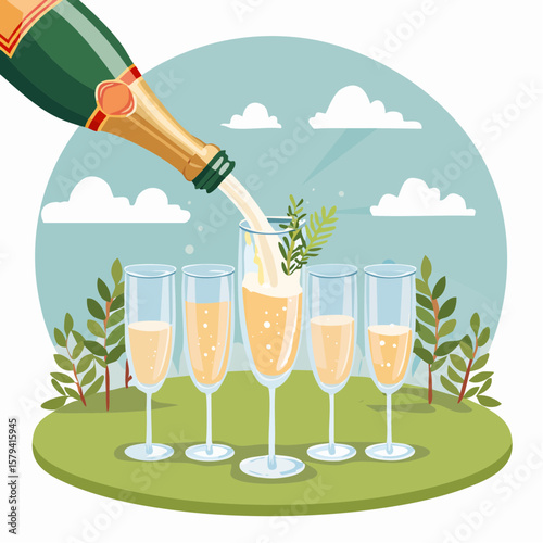 Champagne is being poured into glasses at an outdoor wedding party