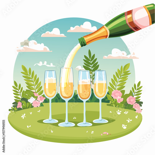 Champagne is being poured into glasses at an outdoor wedding party