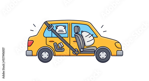 Deploying Airbags in a Vehicle Illustration with a Bright Yellow Background