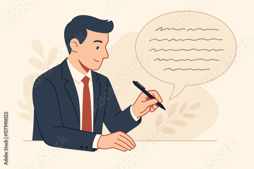 Businessman writing message at desk, effective written communication, email skills, text conversation, corporate correspondence, office discussion, professional handwriting