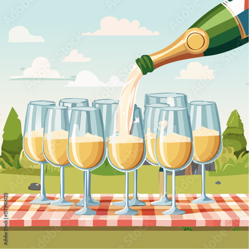 Champagne is being poured into glasses at an outdoor wedding party