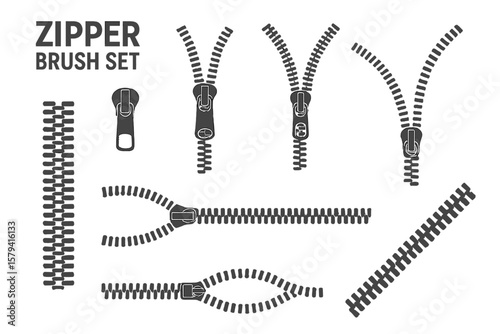 Zipper Brush Set Collection. Seamless Zipper Patterns, Fastener Elements, Pull Tabs, Open and Closed Zippers. Vector Transparent PNG, Editable Clipart, Fashion Design Resource