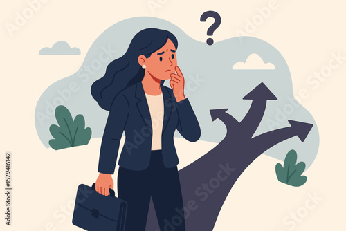 Businesswoman at crossroads making a choice. Career path decision concept. Woman thinking about future opportunities, direction, and work strategy. Life dilemma metaphor.